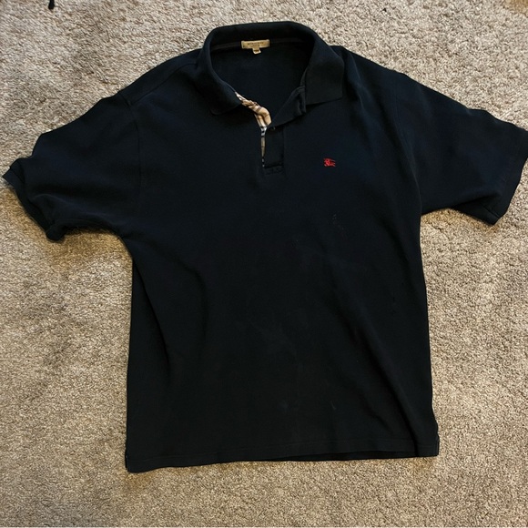 Navy Blue Burberry Polo Shirt with Check Collar - Picture 1 of 4